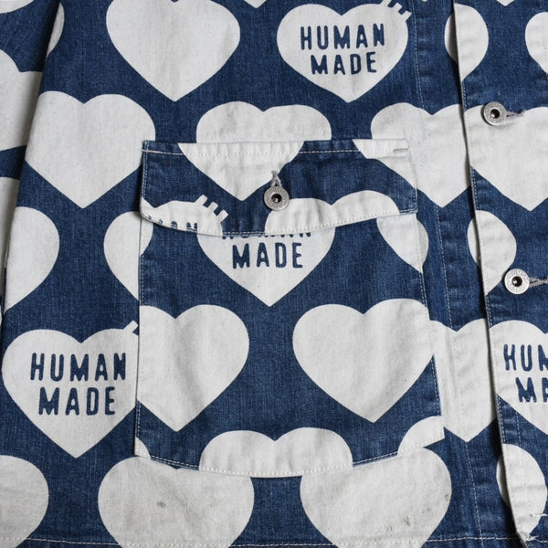 HUMAN MADE ヒューマンメイド 長袖シャツ Heart Denim Coverall Jacket ネイビー ホワイト シルバー金具 サイズXL 美品 中古 4a001870