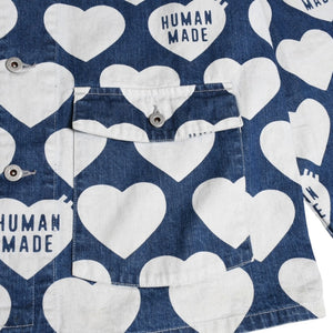 HUMAN MADE ヒューマンメイド 長袖シャツ Heart Denim Coverall Jacket ネイビー ホワイト シルバー金具 サイズXL 美品 中古 4a001870