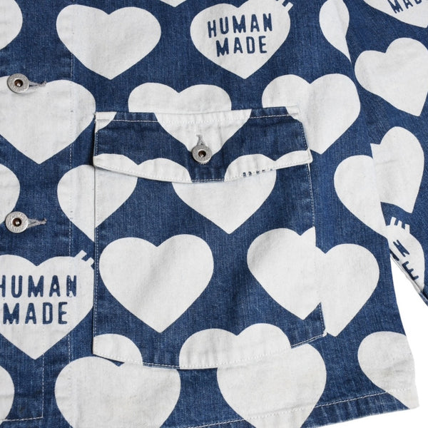 HUMAN MADE ヒューマンメイド 長袖シャツ Heart Denim Coverall Jacket ネイビー ホワイト シルバー金具 サイズXL 美品 中古 4a001870