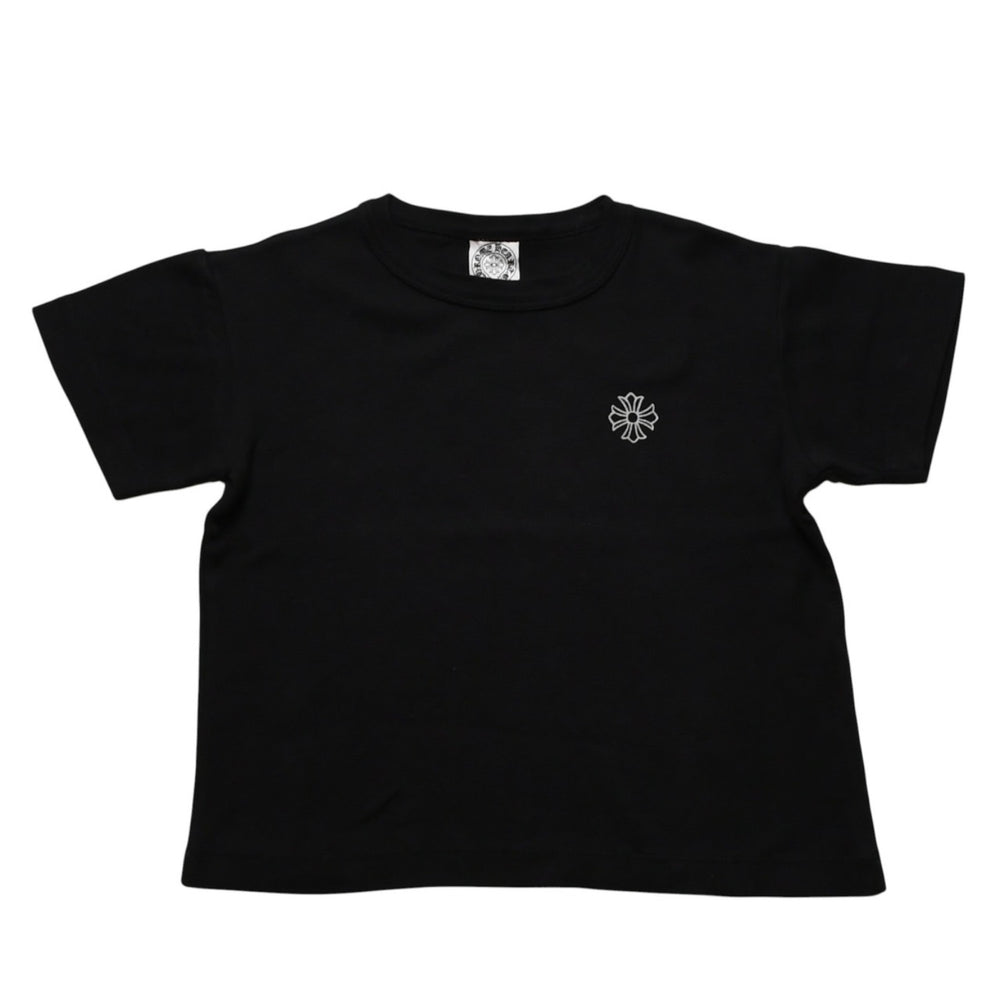極美品 CHROME HEARTS クロムハーツ 氷室京介コラボレーションロゴTシャツ スクロールロゴ Hロゴ クロップ丈 ブラック 黒 中古 4a001881