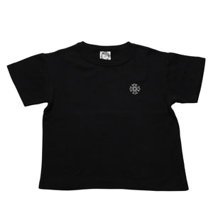 極美品 CHROME HEARTS クロムハーツ 氷室京介コラボレーションロゴTシャツ スクロールロゴ Hロゴ クロップ丈 ブラック 黒 中古 4a001881