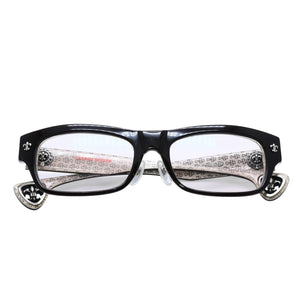 極美品 CHROME HEARTS クロムハーツ DRILLED スクエアサングラス CWCカラー CHプラス BSフレア シルバー925 SV925 度入り6.0 クロス総柄 ブラック 中古 4a001889