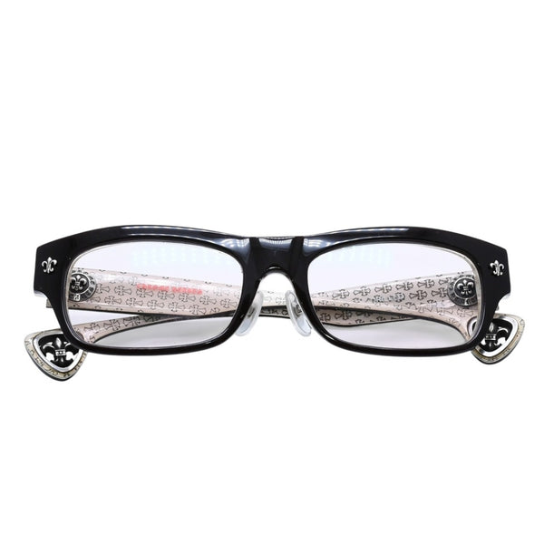 極美品 CHROME HEARTS クロムハーツ DRILLED スクエアサングラス CWCカラー CHプラス BSフレア シルバー925 SV925 度入り6.0 クロス総柄 ブラック 中古 4a001889