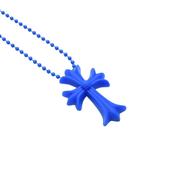 Very Good Condition CHROME HEARTS Rubber Small CH Cross Silicone Necklace CH Cross Blue Ball Chain Charm Metal Used 4a001910