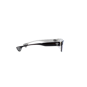 極美品 CHROME HEARTS クロムハーツ DRILLED スクエアサングラス CWCカラー CHプラス BSフレア シルバー925 SV925 度入り6.0 クロス総柄 ブラック 中古 4a001889