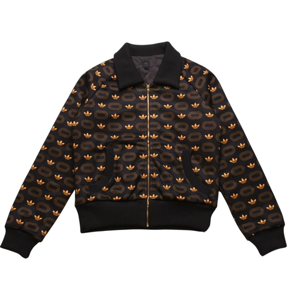 極美品 adidas アディダス モノグラム柄中綿トラックジャケット ブラウン イエロー アウター 総柄 レトロ キルティング 中綿入り ジップアップ 中古 4a002140