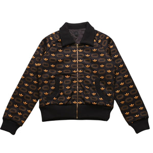 極美品 adidas アディダス モノグラム柄中綿トラックジャケット ブラウン イエロー アウター 総柄 レトロ キルティング 中綿入り ジップアップ 中古 4a002140