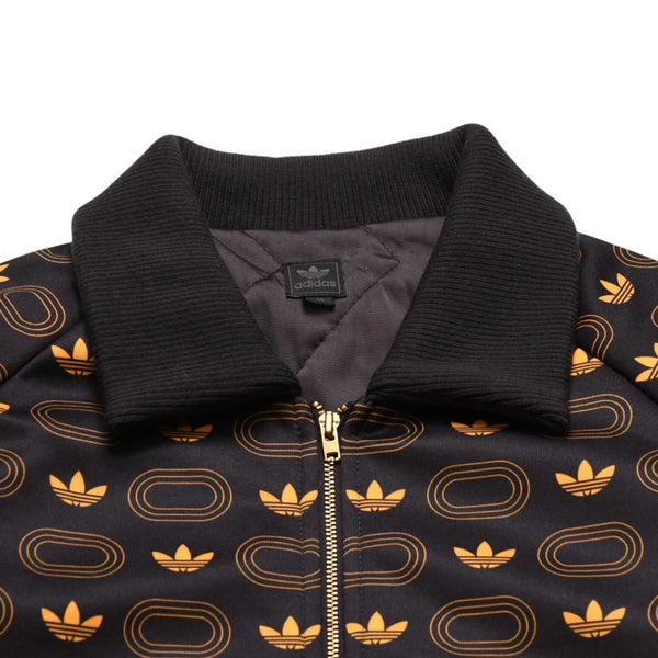 極美品 adidas アディダス モノグラム柄中綿トラックジャケット ブラウン イエロー アウター 総柄 レトロ キルティング 中綿入り ジップアップ 中古 4a002140