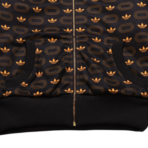 極美品 adidas アディダス モノグラム柄中綿トラックジャケット ブラウン イエロー アウター 総柄 レトロ キルティング 中綿入り ジップアップ 中古 4a002140