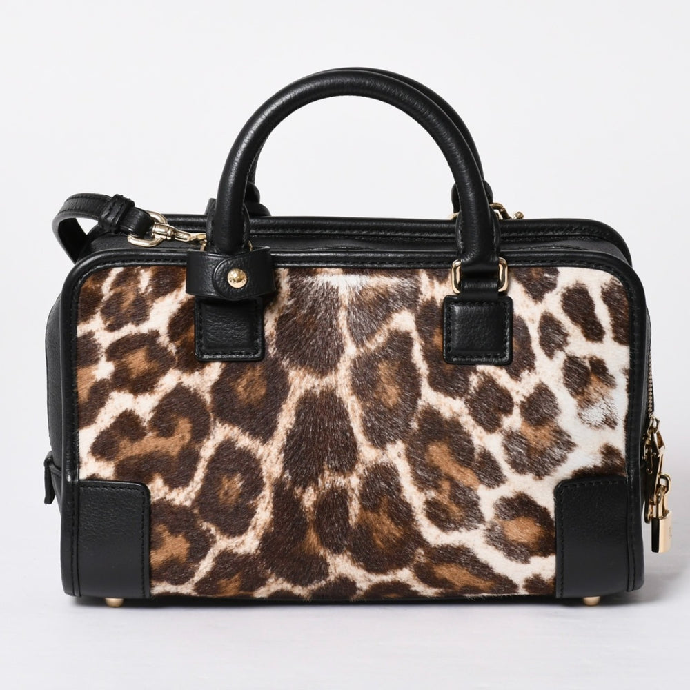 極美品 LOEWE ロエベ Amazona 23 アマソナ 23 2WAYバッグ 352.99.H71 レオパード ハラコ レザー ブラック ゴールド金具 中古 4a001652