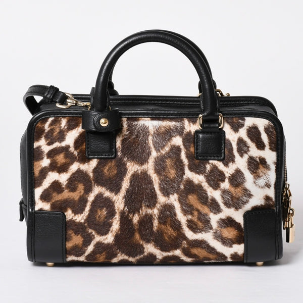 極美品 LOEWE ロエベ Amazona 23 アマソナ 23 2WAYバッグ 352.99.H71 レオパード ハラコ レザー ブラック ゴールド金具 中古 4a001652