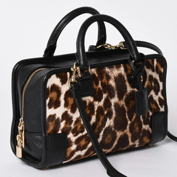 極美品 LOEWE ロエベ Amazona 23 アマソナ 23 2WAYバッグ 352.99.H71 レオパード ハラコ レザー ブラック ゴールド金具 中古 4a001652