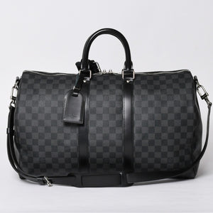 Very Good Condition LOUIS VUITTON Boston Keepall Bandouliere 45 Damier Graphite N41418 Black Silver Hardware 4a001917