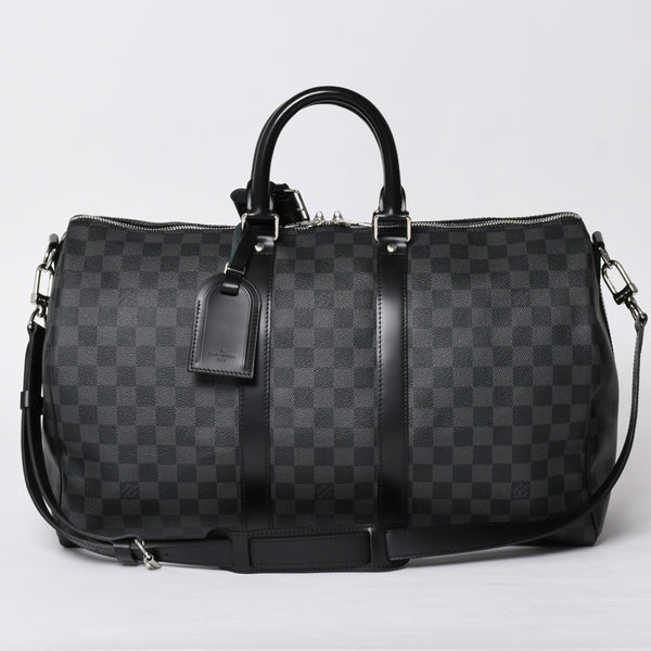 Very Good Condition LOUIS VUITTON Boston Keepall Bandouliere 45 Damier Graphite N41418 Black Silver Hardware 4a001917