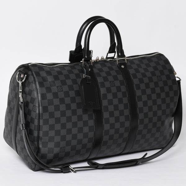 Very Good Condition LOUIS VUITTON Boston Keepall Bandouliere 45 Damier Graphite N41418 Black Silver Hardware 4a001917