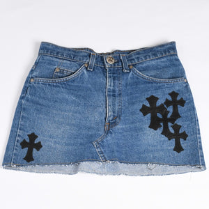 New and unused CHROME HEARTS × Levi's Cemetery Cross Patch Denim Mini Skirt Size 25 11 Patch Used 4a002040