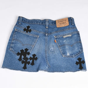 New and unused CHROME HEARTS × Levi's Cemetery Cross Patch Denim Mini Skirt Size 25 11 Patch Used 4a002040