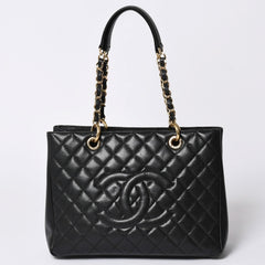 Very Good Condition CHANEL GST Caviar Skin Matelasse Chain Tote Bag No. 18 Shoulder Bag Black Gold Hardware Used 4a001924