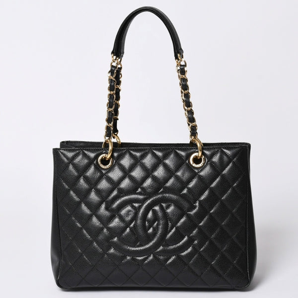Very Good Condition CHANEL GST Caviar Skin Matelasse Chain Tote Bag No. 18 Shoulder Bag Black Gold Hardware Used 4a001924