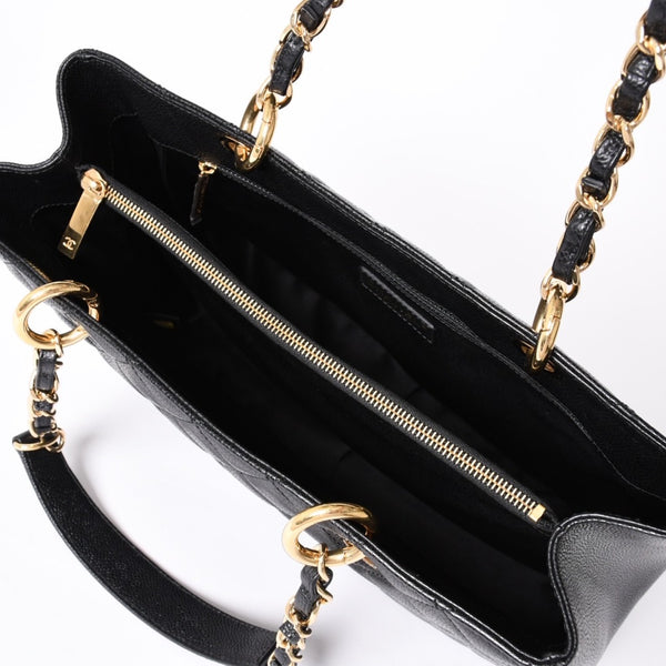 Very Good Condition CHANEL GST Caviar Skin Matelasse Chain Tote Bag No. 18 Shoulder Bag Black Gold Hardware Used 4a001924