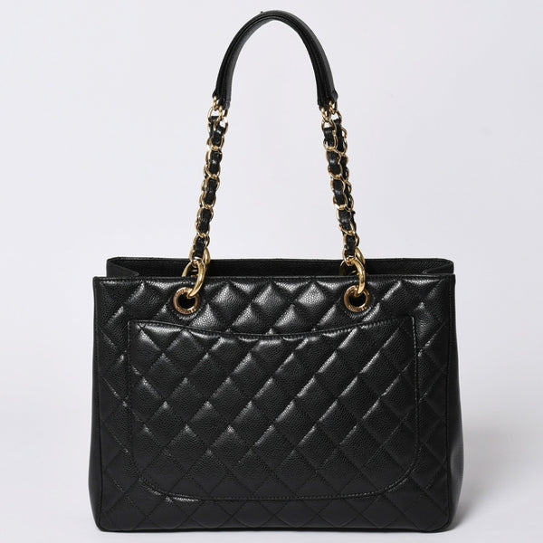 Very Good Condition CHANEL GST Caviar Skin Matelasse Chain Tote Bag No. 18 Shoulder Bag Black Gold Hardware Used 4a001924