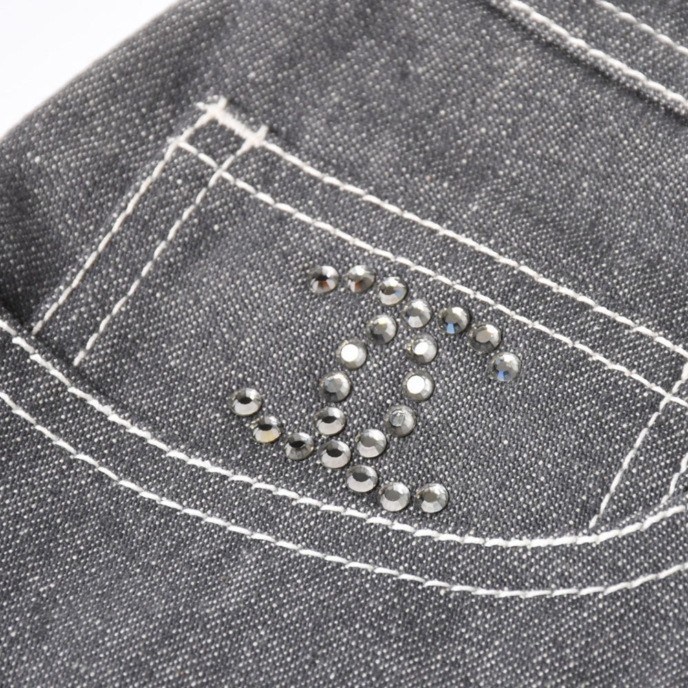 Very Good Condition CHANEL Flare Bell Bottom Denim Pants Here Mark Rhinestone Gray Flare Boot Cut P17693 White Stitch Used 4a002149