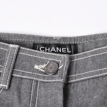 画像をギャラリービューアに読み込む, 極美品 CHANEL シャネル フレアベルボトムデニムパンツ ココマーク ラインストーン グレー フレア ブーツカット P17693 ホワイトステッチ 中古 4a002149