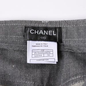 極美品 CHANEL シャネル フレアベルボトムデニムパンツ ココマーク ラインストーン グレー フレア ブーツカット P17693 ホワイトステッチ 中古 4a002149