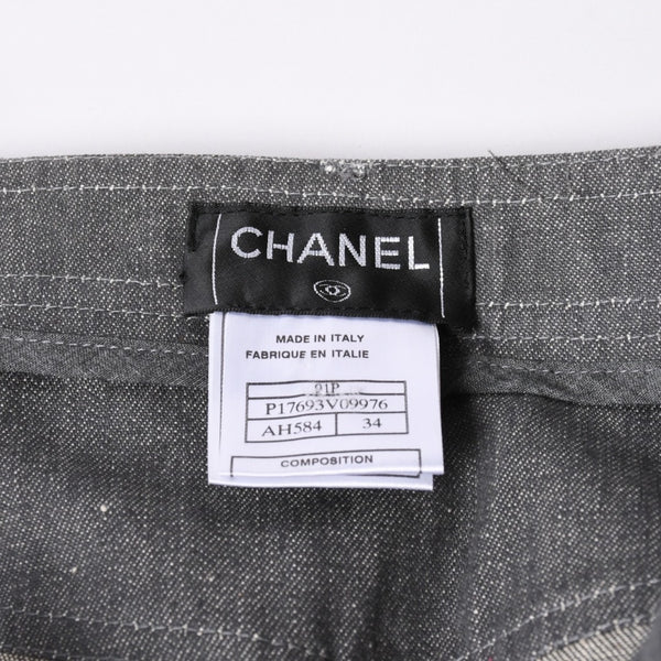 極美品 CHANEL シャネル フレアベルボトムデニムパンツ ココマーク ラインストーン グレー フレア ブーツカット P17693 ホワイトステッチ 中古 4a002149