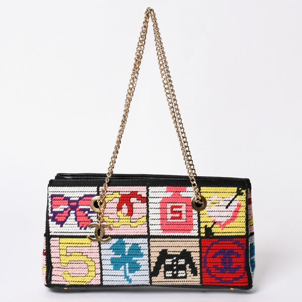 CHANEL シャネル アイコン チェーンワンショルダーバッグ 8番台 ココマーク ウール レザー マルチカラー ゴールド金具 美品 中古 4a001925