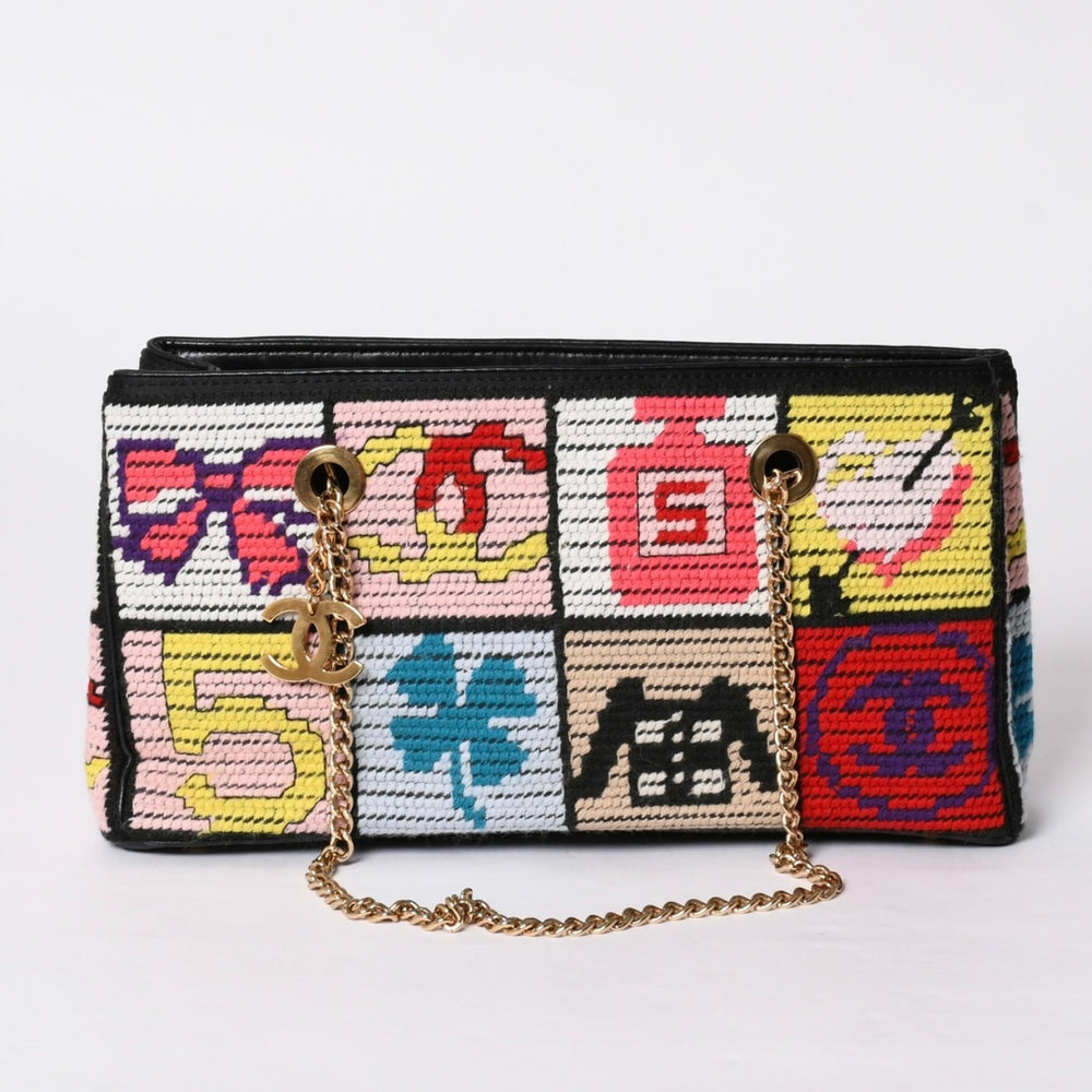 CHANEL シャネル アイコン チェーンワンショルダーバッグ 8番台 ココマーク ウール レザー マルチカラー ゴールド金具 美品 中古 4a001925