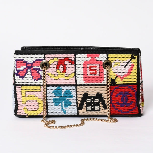 CHANEL シャネル アイコン チェーンワンショルダーバッグ 8番台 ココマーク ウール レザー マルチカラー ゴールド金具 美品 中古 4a001925