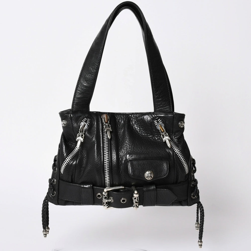 極美品 CHROME HEARTS クロムハーツ JJ DEAN スモール JJディーン ハンドバッグ レザーライダース シルバ−925 ブラック 中古 4a001969