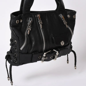 極美品 CHROME HEARTS クロムハーツ JJ DEAN スモール JJディーン ハンドバッグ レザーライダース シルバ−925 ブラック 中古 4a001969