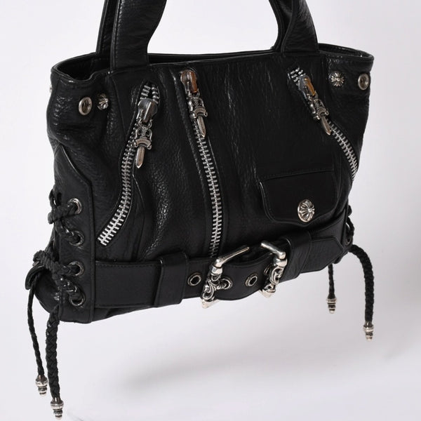 極美品 CHROME HEARTS クロムハーツ JJ DEAN スモール JJディーン ハンドバッグ レザーライダース シルバ−925 ブラック 中古 4a001969