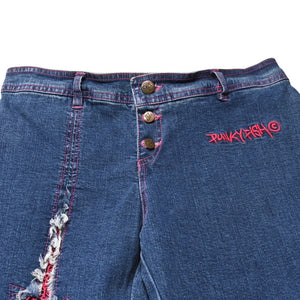 極美品 PUNKY FISH パンキーフィッシュ クラッシュ加工リメイク風フレアデニムパンツ Y2K グランジ ローライズ フレア デニム地 皮剥ぎ加工 中古 4a002142