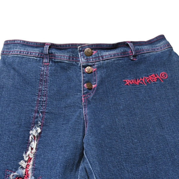 極美品 PUNKY FISH パンキーフィッシュ クラッシュ加工リメイク風フレアデニムパンツ Y2K グランジ ローライズ フレア デニム地 皮剥ぎ加工 中古 4a002142