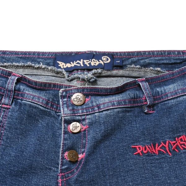 極美品 PUNKY FISH パンキーフィッシュ クラッシュ加工リメイク風フレアデニムパンツ Y2K グランジ ローライズ フレア デニム地 皮剥ぎ加工 中古 4a002142