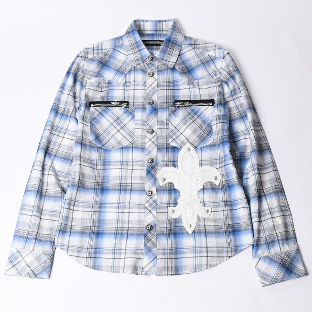 CHROME HEARTS クロムハーツ BSフレアパッチ 長袖シャツ サイズXS クロスボールボタン ダガージップ チェック柄 ブルー 美品 中古 4a001958