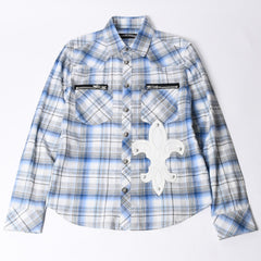 CHROME HEARTS BS Flare Patch Long Sleeve Shirt Size XS Cross Ball Button Dagger Zip Check Pattern Blue Good Condition Used 4a001958