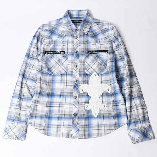CHROME HEARTS BS Flare Patch Long Sleeve Shirt Size XS Cross Ball Button Dagger Zip Check Pattern Blue Good Condition Used 4a001958