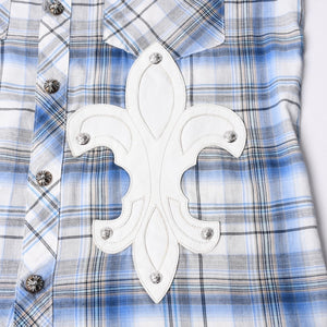 CHROME HEARTS BS Flare Patch Long Sleeve Shirt Size XS Cross Ball Button Dagger Zip Check Pattern Blue Good Condition Used 4a001958