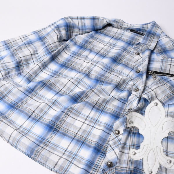 CHROME HEARTS BS Flare Patch Long Sleeve Shirt Size XS Cross Ball Button Dagger Zip Check Pattern Blue Good Condition Used 4a001958