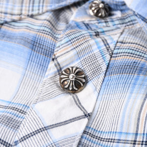 CHROME HEARTS BS Flare Patch Long Sleeve Shirt Size XS Cross Ball Button Dagger Zip Check Pattern Blue Good Condition Used 4a001958