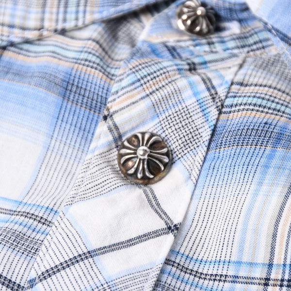 CHROME HEARTS BS Flare Patch Long Sleeve Shirt Size XS Cross Ball Button Dagger Zip Check Pattern Blue Good Condition Used 4a001958
