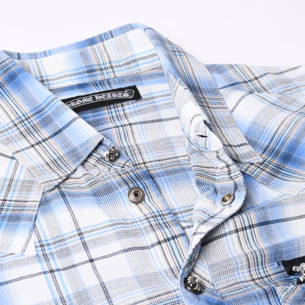 CHROME HEARTS BS Flare Patch Long Sleeve Shirt Size XS Cross Ball Button Dagger Zip Check Pattern Blue Good Condition Used 4a001958