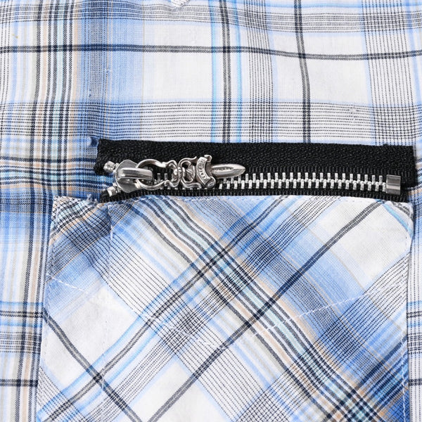 CHROME HEARTS BS Flare Patch Long Sleeve Shirt Size XS Cross Ball Button Dagger Zip Check Pattern Blue Good Condition Used 4a001958