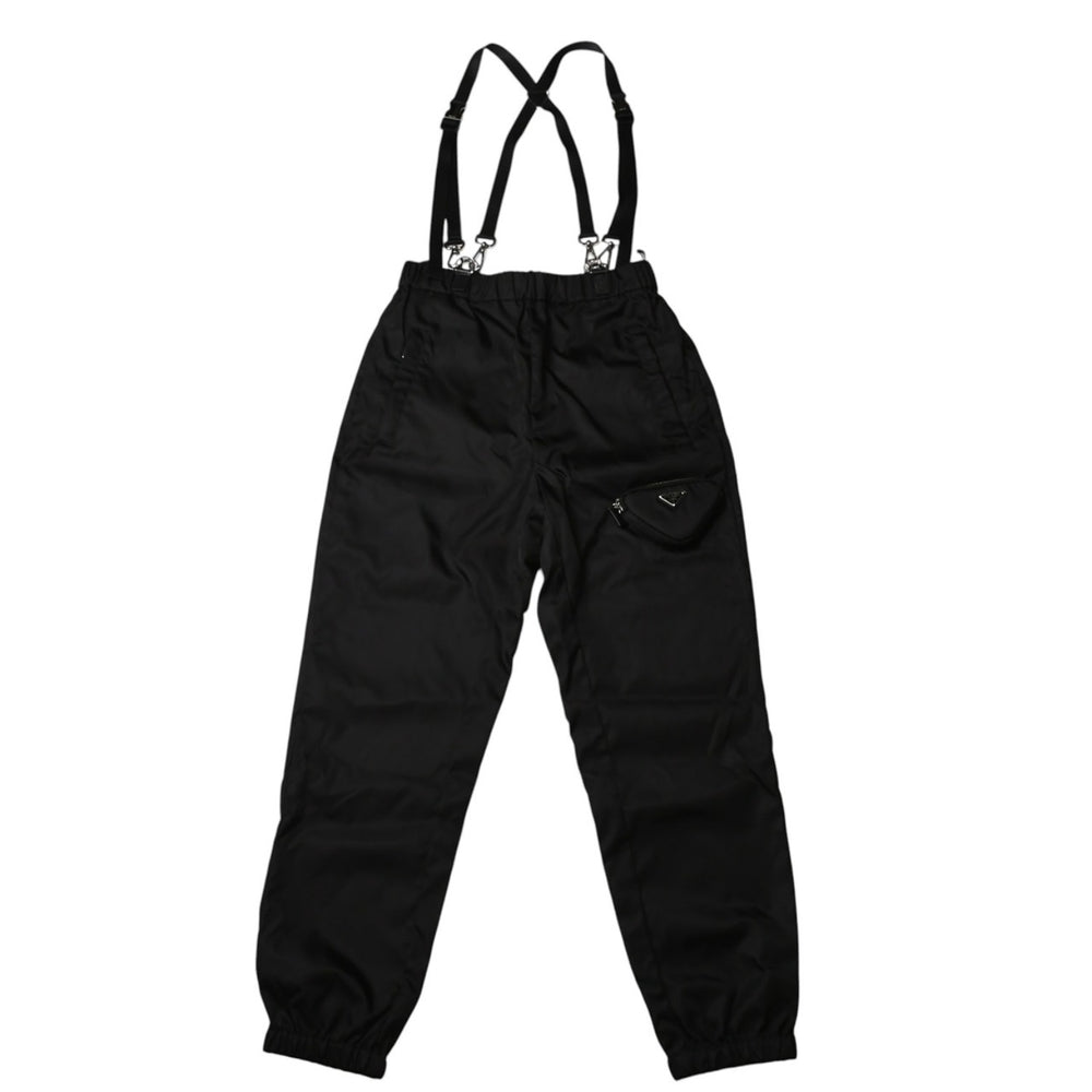 極美品 PRADA プラダ ポーチ付きRe-Nylon サスペンダーパンツ トライアングルポーチ ブラック シルバー金具 サスペンダー ナイロン メタルプレート 中古 4a001962