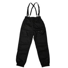 極美品 PRADA プラダ ポーチ付きRe-Nylon サスペンダーパンツ トライアングルポーチ ブラック シルバー金具 サスペンダー ナイロン メタルプレート 中古 4a001962