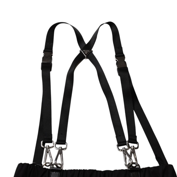 極美品 PRADA プラダ ポーチ付きRe-Nylon サスペンダーパンツ トライアングルポーチ ブラック シルバー金具 サスペンダー ナイロン メタルプレート 中古 4a001962